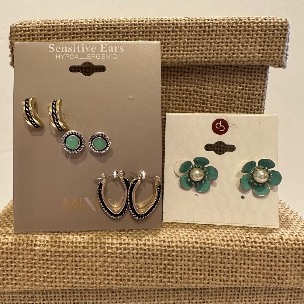 NWT 3 pair MIXIT Earrings- gold & silver tones w/ green accent; Dressbarn Flower